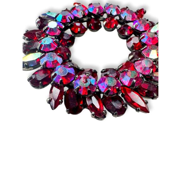 Sherman Signed Red AB Rhinestone Wreath Brooch 1.62" Japanned Holiday Vintage - Picture 8 of 14